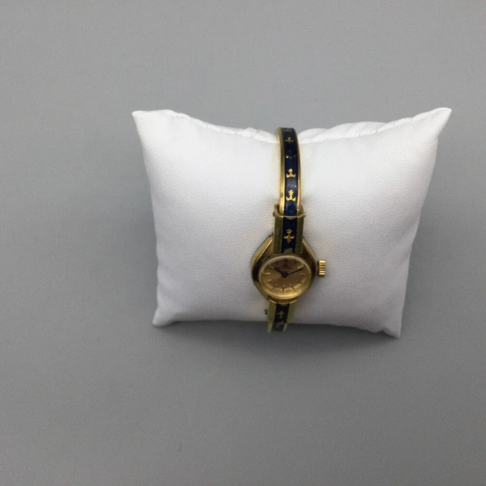 Vintage Bucherer Womens Watch 18mm Gold Tone Blue Bangle Swiss Manual Wind